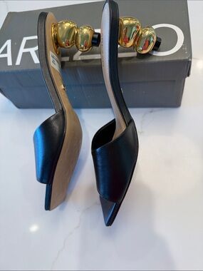 Arezzo Black Leather Square-Toe Slide Mules